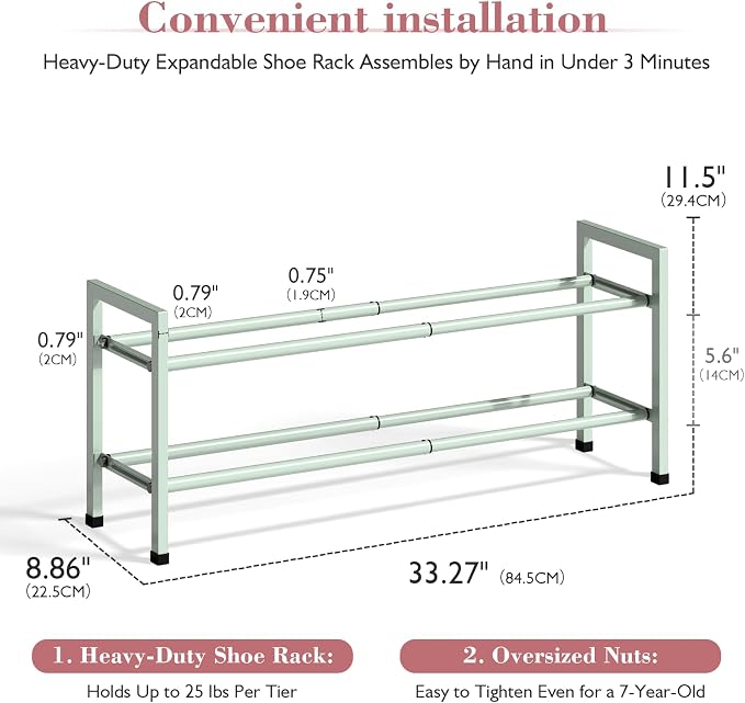 Bumusty 2-Tier Expandable Shoe Rack for Closet, 18“-33” Adjustable Shoe Rack for Small Space, Small Shoe Organizer for Front Door, Sturdy Metal, Green - Image 3
