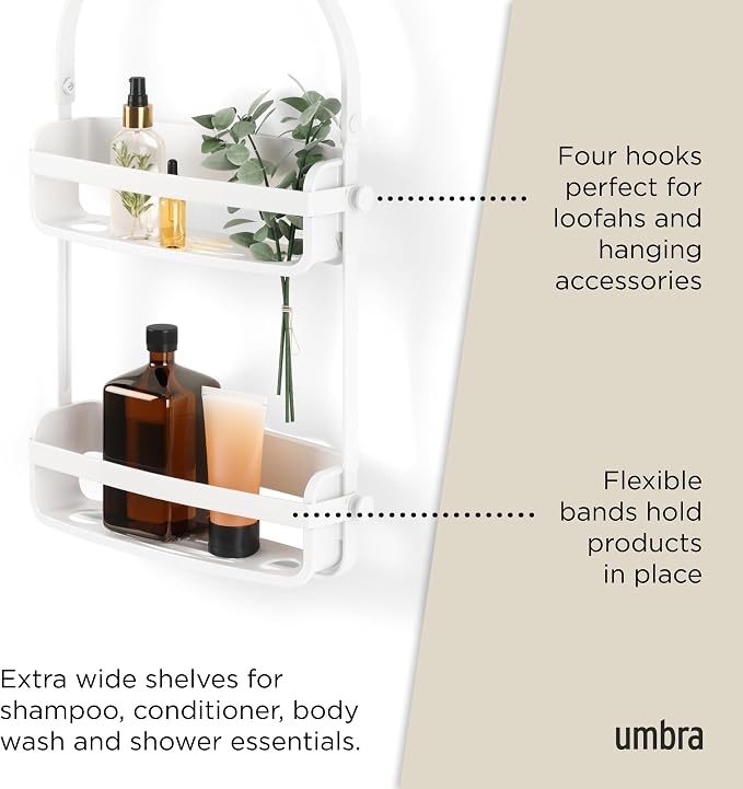 Umbra Flex Hanging Shower Caddy with 2 Shelves, Bathtub Shelf and Bathroom Organizer, White - Image 5