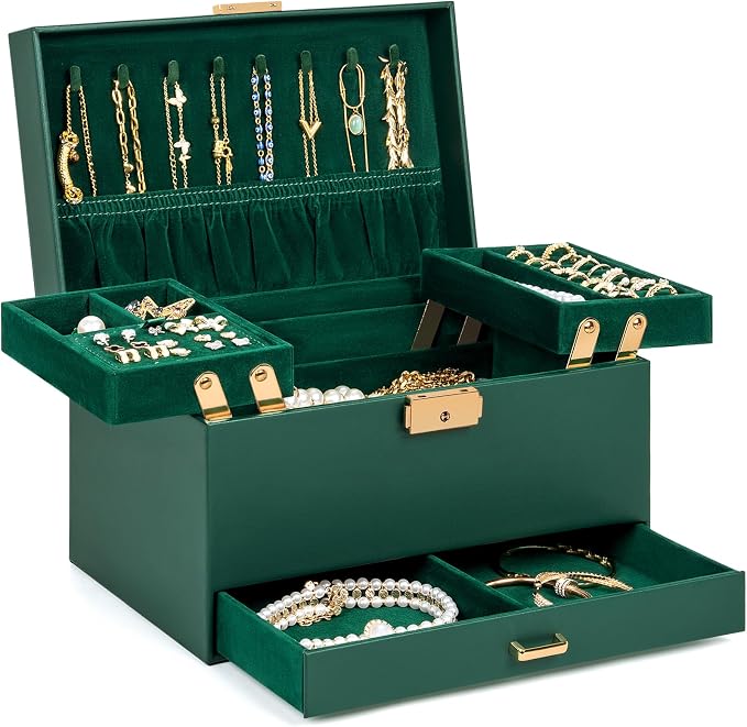 AKOZLIN Travel Jewelry Box Organizer Functional 2-trays Leather Jewelry Storage Case with Lockable Portable Drawer for Women Girls Ring Necklace Earring Bracelet by AKOZLIN