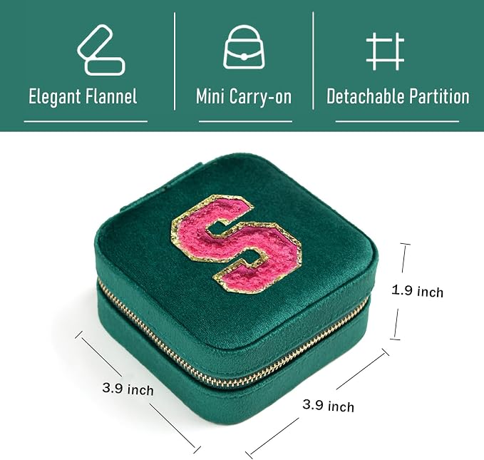 Personalized Velvet Travel Jewelry Case Box For Women Ring Necklace Earring Holder Organizer with Mirror Green Girls Box Birthday Gifts Mom Initial S - Image 3
