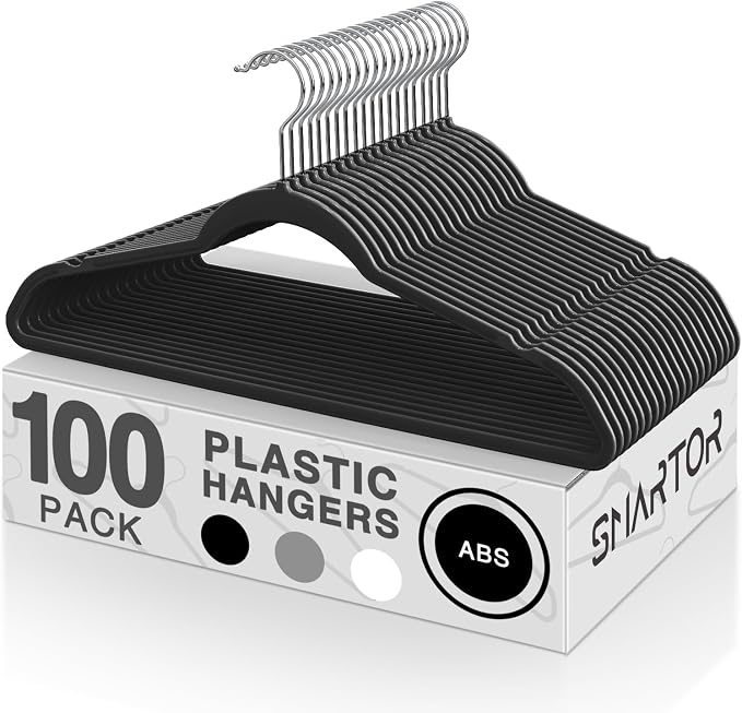 SMARTOR Heavy Duty Hangers 100 Pack, Premium Plastic Hangers for Clothes - Heavy Duty Non-Velvet Hanger with 360° Swivel Chrome Hook & Non Slip Notches - As Dress, Coats, Shirt, Jacket Hanger - Black by Smartor