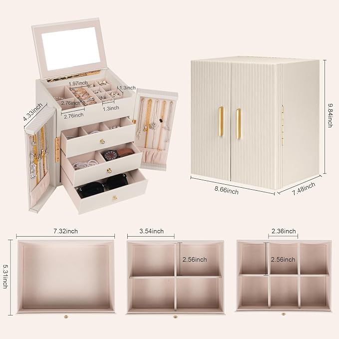 Dajasan Large Jewelry Box Organizer, Jewelry Storage Organizer with 3 Drawers, Huge Jewelry Box with Mirror for Women Girls, Double Door, Textured PU Leather, Gift Idea, Stylish (Beige + Gold) - Image 2