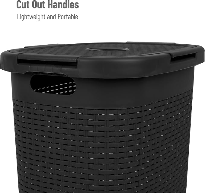 Mind Reader 60L Slim Laundry Hamper, Clothes Basket, Lid, Wicker Design, Plastic, 17.65"L x 13.75"W x 24.15"H, Black - Image 4