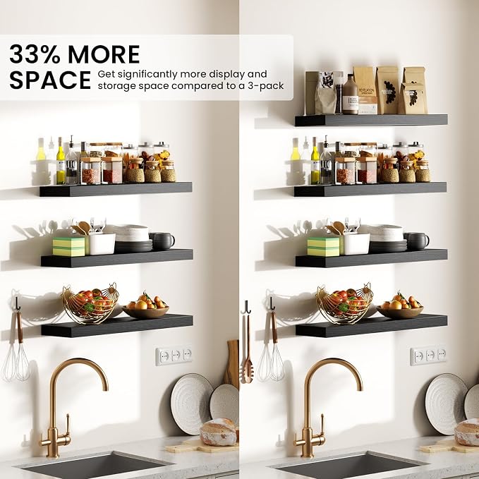 BAYKA Floating Shelves for Wall, 15.7in Wall Mounted Rustic Wood Shelves for Bathroom, Bedroom, Living Room, Kitchen, Hanging Shelf for Books/Storage/Room Decor with 22lbs Capacity (Black, Set of 4) - Image 7