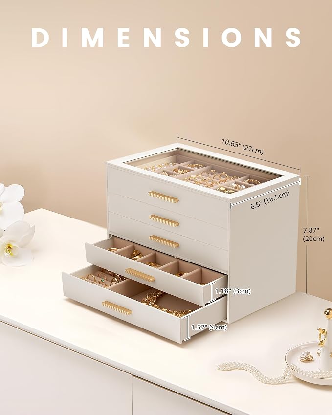 Lolalet Jewelry Box Organizer, 5-Layer Jewelry Organizers and Storage Case with Glass Lid, Ring Earring Bracelet Necklace Holder Organizer, Birthday Valentine Gifts for Women Girls -5Layer, Beige - Image 4