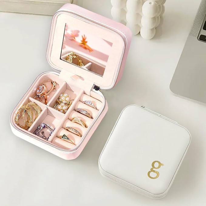 COLLECTIVE HOME - Travel Jewelry Case, Elegant Square Design with Gold Engraved Monogram, Built-in Mirror, Personalized Accessory Organizer for Rings, Necklaces, Gift for Women and Teens (g) - Image 2
