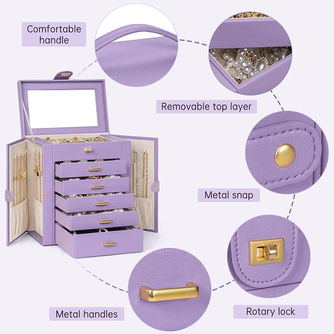 AKOZLIN 6-Tier Jewelry Box Organizer Functional 5 Drawers Leather Jewelry Storage Case for Women Girls Ring Necklace Earring Bracelet Holder Organizer with Mirror Violet - Image 6