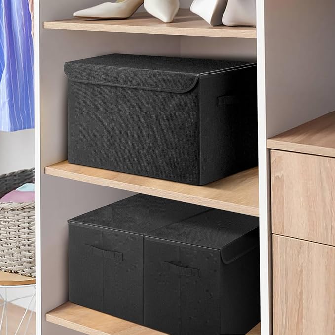 Bagnizer Large 22 Quart Linen Fabric Foldable Storage Bin Cube Organizer Basket with Flip-Top Lid & Handles, Clothes Blanket Box for Home, Office, Closet, Black, 4 Pack 14.6 x 9.5 x 9.5” - Image 7