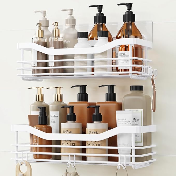 Orimade Shower Caddy Basket Shelf Storage Rack, No Drilling Wall Mounted Adhesive Rust Resistant Stainless Steel Shower Organizer with 5 Hooks for Bathroom, White 2 Pack by Orimade