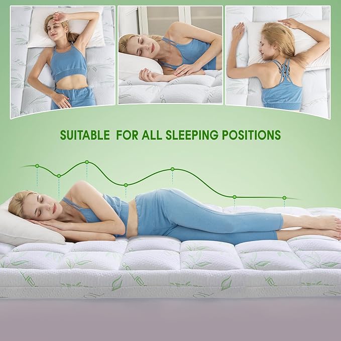 WhatsBedding Queen Mattress Topper, Soft Pillow Top Mattress Topper with Deep Pocket Fits 8–21 Inch,7D Spiral Fiber Filling, Bamboo Viscose Air Layer Mattress Topper Queen.