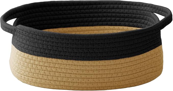 JMvicyroam Woven Basket,Small Rope Storage Bin with Handles & Ribbon Bag, Organizer for Shelves Closets,Gift Basket Empty for Birthday,Books,Dog Toys, Black&Jute by JMvicyroam