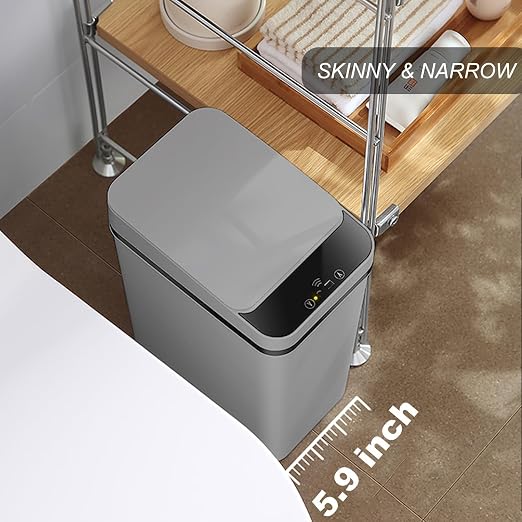Yatmung 2 Pack - 2.5 Gallon Motion Sensor Bathroom Trash Can - Slim Smart Trash Cans - Skinny Trash Bin with Lid - Electric, Narrow, Plastic, Auto Open - Small Automatic Garbage Can (Grey) - Image 3