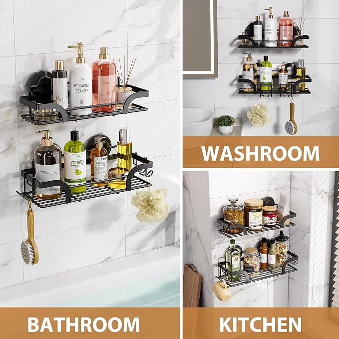 LEVERLOC 2 Pack Shower Caddy Suction Cup, Shower Shelves for Inside, Rustproof Metal Bathroom Storage NO-Drilling Bath Organizer with Large Capacity,Heavy Duty Storage Basket,Home Decor,Black - Image 2