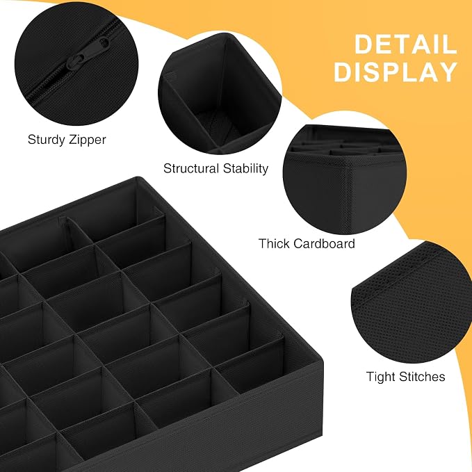Joyoldelf Sock Drawer Organizer Divider Underwear Organizer 24-cell Fabric Dresser Drawer Organizers Storage Boxes for Socks Lingerie, Handkerchiefs, Ties 4 Pack (Black) - Image 8