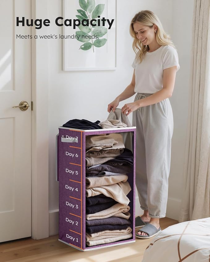 SOLEDI Laundry Hamper with Lid 100L Large & Tall Collapsible Laundry Basket, Clothes Hamper with Bag Removable Easy to Carry, Dirty Hampers for Bedroom, Bathroom, Dorm, College, Purple - Image 3