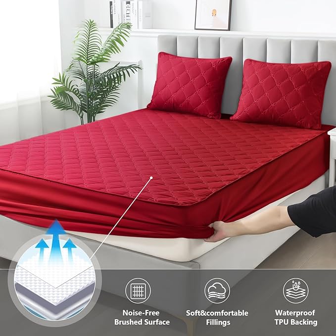 Waterproof Mattress Protector - Queen Size Mattress Pad Silent & Fitted Sheet Style | Full Bed Protection for Kids, Pets, Adults | Hypoallergenic, Machine Washable (Red, Queen)