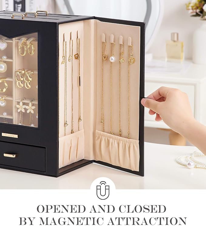 Homde Jewelry Organizer with Transparent Window Necklace Hooks Gift for Women Jewelry Box Display Case for Necklaces Rings Earrings Bracelets and Other Jewelry Accessories (Black + Gold) - Image 4