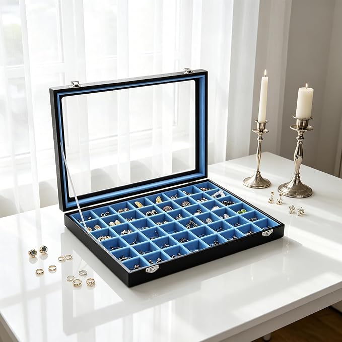 Stratalife Jewelry Organizer 48 Grid Jewelry Tray with Clear Lid Dust-proof Velvet Earring Organizer Necklace Rings Holder Display Drawer Storage Case for Women Blue Black - Image 6