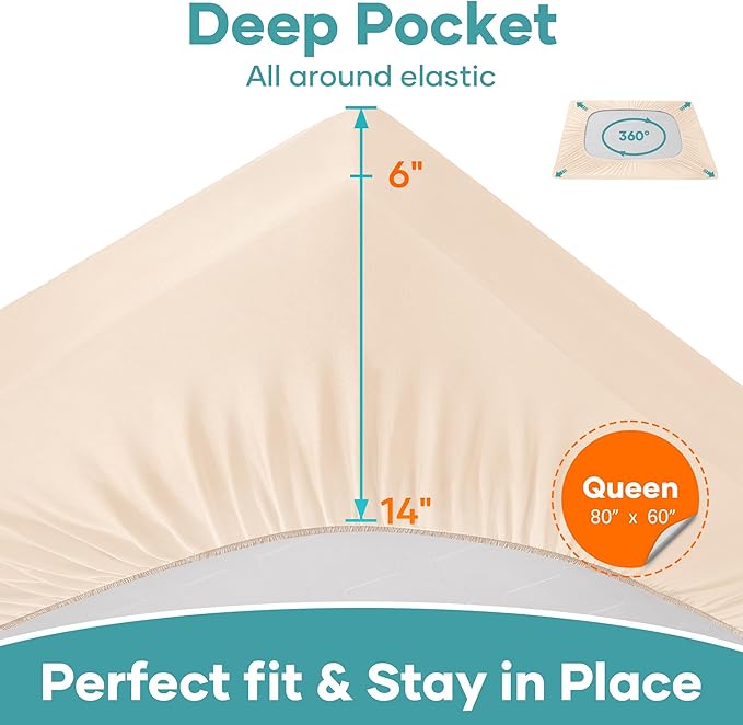 OhGeni 100% Waterproof Mattress Protector, Queen Beige Size, Fitted Sheet with Deep Pockets, 6''-18'', Premium Noiseless Breathable Soft Material, Mattresses Cover for Bed