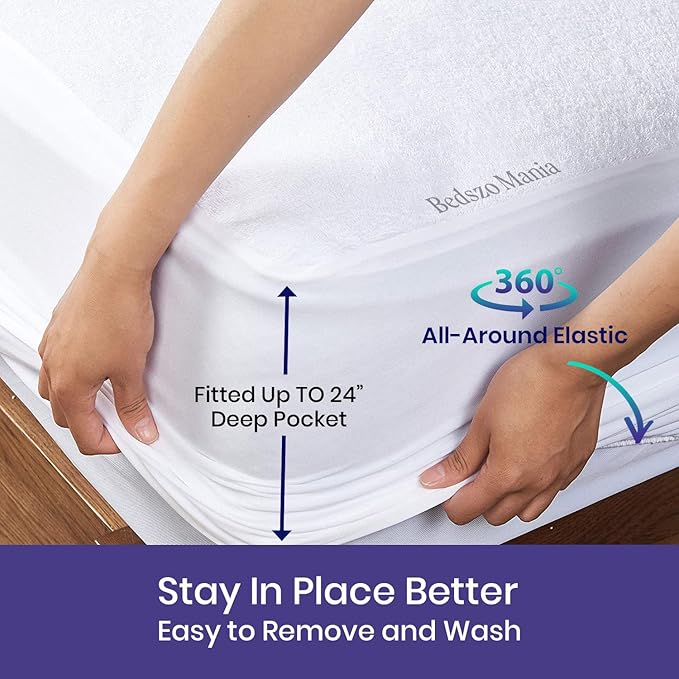 Texas King Size 80x98” with 24”inch Deep Pocket White Color Mattress Protector Pad Cover Texas King Fitted Style Terry Cotton Vinyl-Free Matress Protector Cover 100% Waterproof