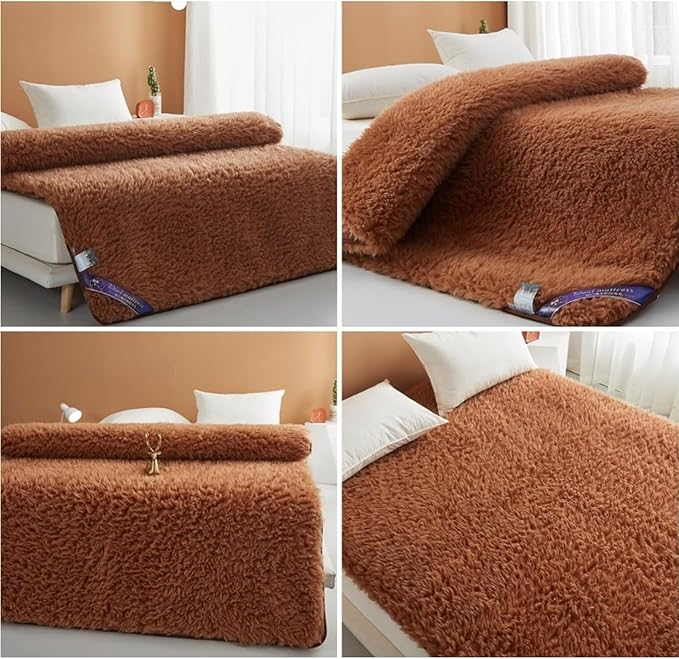 100% Wool Fleece Fitted Mattress Cover Pad with Elastic Bands,Breathable Lamb Wool Mattress,Thicken Pure Wool Bed Topper,Folding Lamb Velvet Mattress,for Twin/Full/Queen/King(King, Brown)