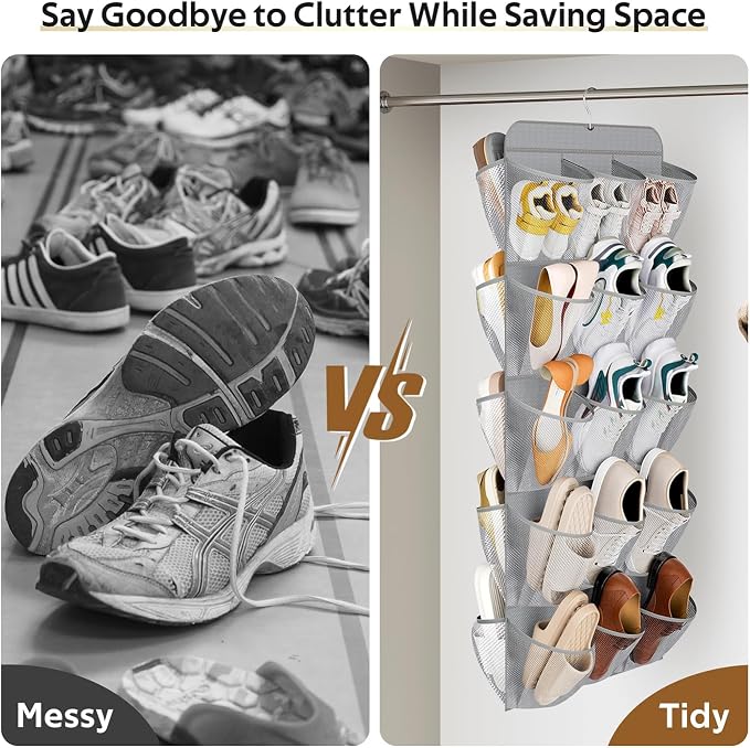 MISSLO 30 Large Pockets Dual Sided Hanging Shoe Organizer for Closet with Rotating Hanger Hanging Shoe Shelves, Grey - Image 6