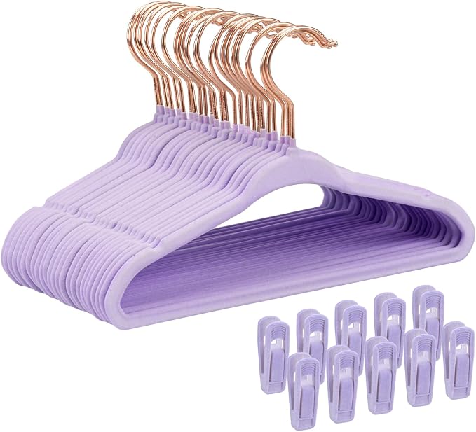 Tonswachic Baby Velvet Hangers 30 Pack - 11 Inch Premium Non Slip Kids Felt Hanger for Infant Clothes - Ultra Thin Baby Felt Hangers for Toddler Children's Closet with 10 Hanger Clips - Purple by TonswachicHangersSpaceSaver