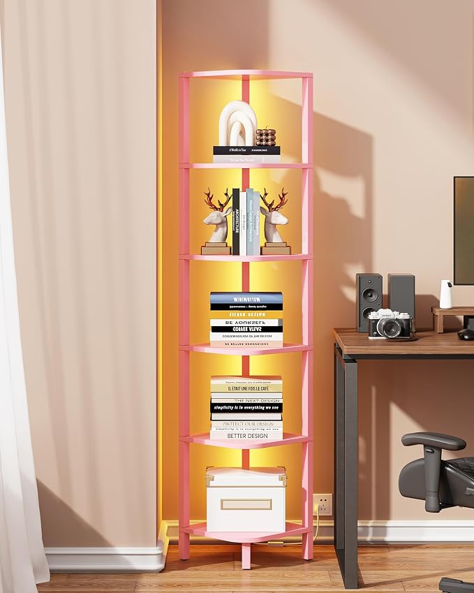 TUTOTAK Corner Shelf with LED Light, 6-Tier Corner Bookshelf for Small Space, Narrow Display Corner Shelf Stand with Storage Rack, for Living Room, Bedroom, Pink BS08BP006L by ChoosetutotakFurnitureBuildYourCozyHome