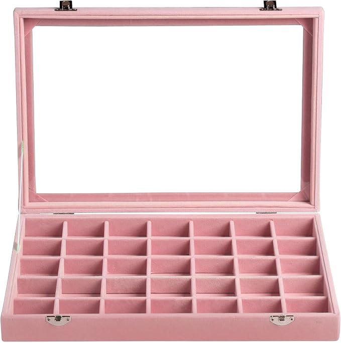 Frebeauty Velvet Jewelry Tray,35 Grid Jewelry Organizer with Clear Lid,Earring Holder Organizer Case with Clasp,Drawer Insert for Rings Studs,13.8 x 9.5 x 2 Inches,Gift for Women Girls(Pink) - Image 2