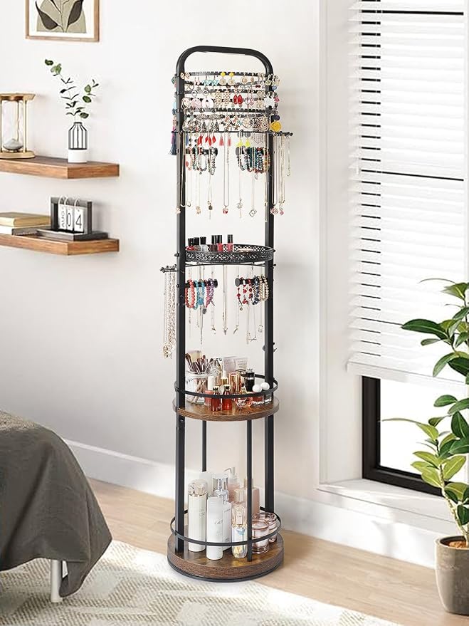 Jewelry Holder Organizer, Floor Jewelry Organizer with Earring Organizer Necklace Holder, Rotating Jewelry Stand Necklace Display Earring Storage, Large Hanging Jewelry Tree for Jewlery Bracelet Ring - Image 6