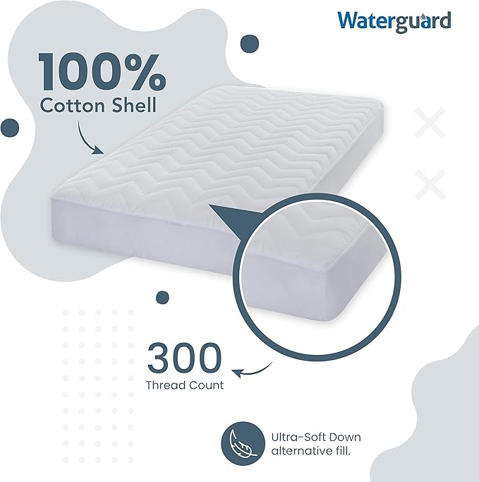 Waterguard Quilted Cotton Mattress Pad - Crib Size - Soft, Comfortable, and Fluffy Mattress Pad - Waterproof Mattress Protector Stretched 7" for Snug Fit on Regular Sized Mattress.