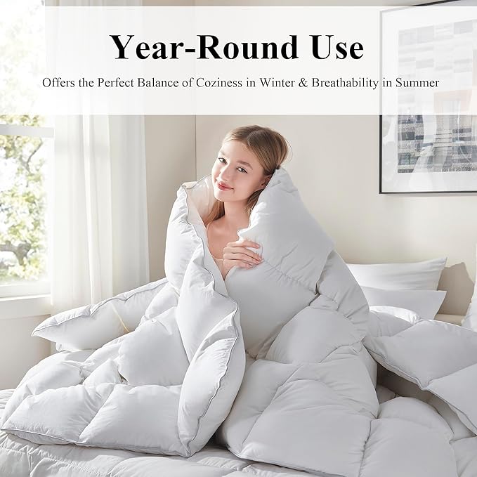 Ubauba Goose Feather Down Fiber Comforter King Size - All Season White Fluffy Duvet Insert - 750+ Fill Power Luxurious Hotel Bedding Comforter - Soft 100% Cotton Cover, Medium Warmth (106x90 Inch)