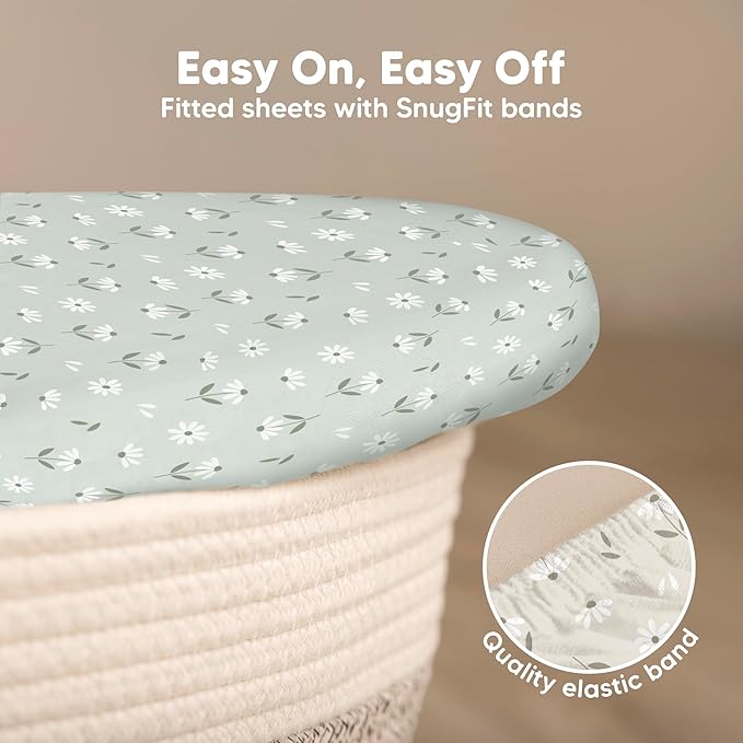 2-Pack Baby Bassinet Sheets Girl, Boy - 33x17 Viscose Derived from Bamboo Bedside Mattress Fitted Bassinet Sheets, Compatible with Halo Bassinest Swivel Sleeper, Baby Delight, Graco (Daisies)