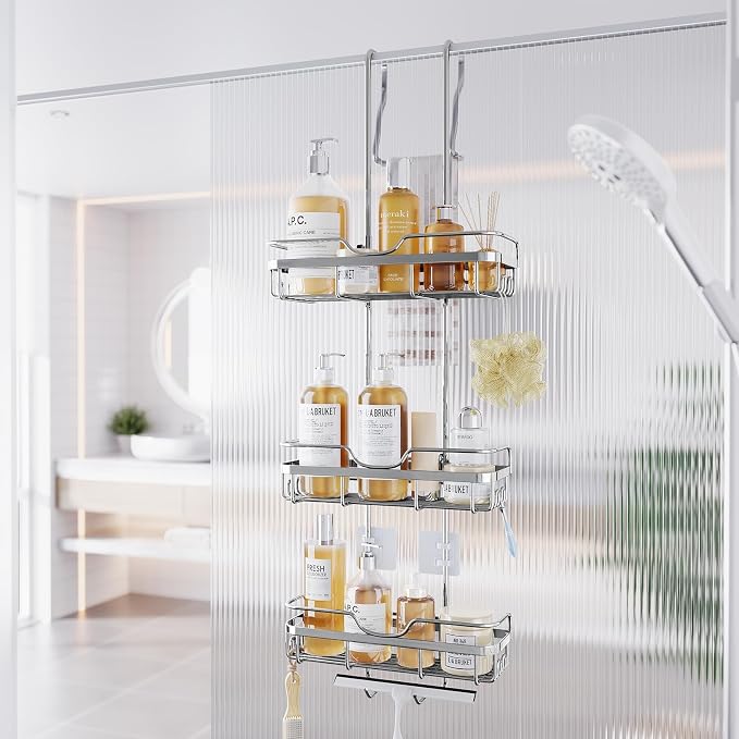 Skyapex Shower Caddy Over the Door Organizer: Bath Rack Hanging Over Glass with Hooks - Storage Shelf Inside Bathroom for Shampoo - Sliver by Skyapex