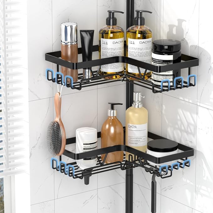 DAOYA Corner Shower Caddy - 4-Tier Shower Caddy Tension Pole with 2 Removable Soap holders Bathroom Shampoo Holder for Bathtub & Corner, Black, Floor to Ceiling 25-114.2 inch - Image 4