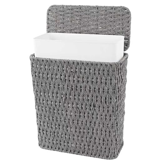 Coeusy 3 Gallon Paper Rope Bathroom Trash Can,Small Wicker Trash Cans with Lid and Liner,Woven Rattan Narrow Waste Basket for Bedroom,Office,Grey by WEAVECOMFORTINTOEVERYCORNER