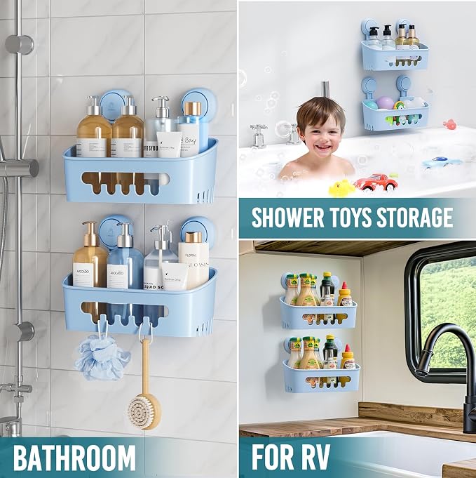 TAILI Shower Caddy Suction Cup 2 Pack, Heavy Duty Bathroom Organizer, Removable Shelves for Inside Shower, Shampoo, Waterproof Suction Plastic Storage for Bathroom Accessories Holder, Blue - Image 5