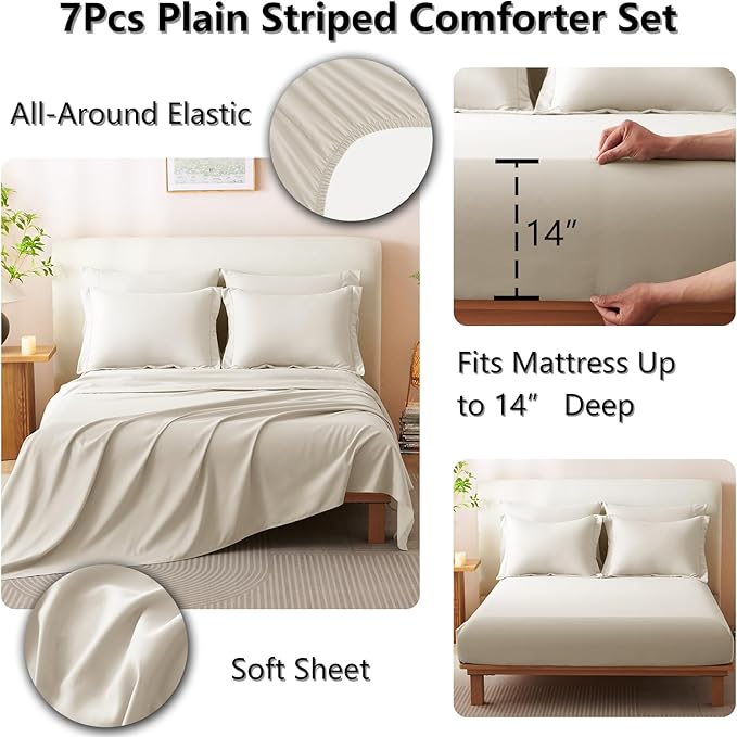 CozyLux California King Size Comforter Set - 7 Pieces Bed in a Bag Beige Comforter Set with Sheets Cal King, Soft Bedding Set with Down Alternative Comforter, Sheets, Pillowcases & Shams
