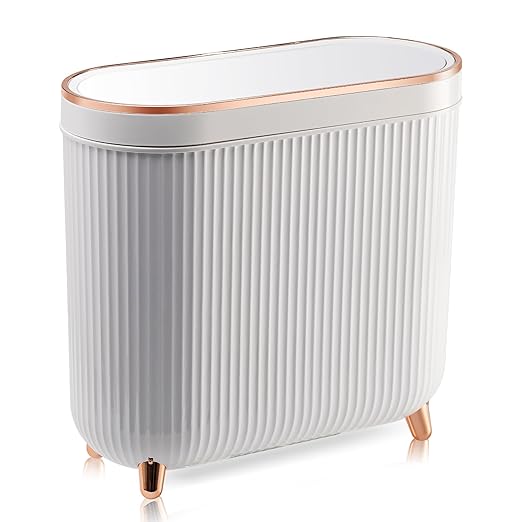 Supteron Bathroom Trash Can with Lid 3.2 Gallon Narrow Trash Can Small Plastic Trash Bin 12 Liter Rectangular Plastic Garbage Can with Press Type Lid for Bedroom Bathroom Milk White by Supteron