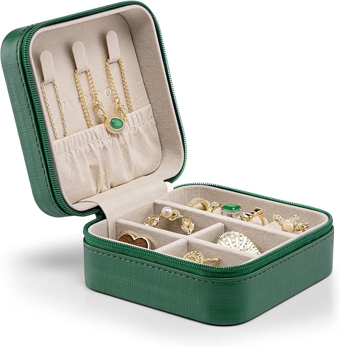 Vlando Small Travel Jewelry Box Organizer Display Storage Case for Girls Women Gift Rings Earrings Necklaces, Dark Green by VLANDO
