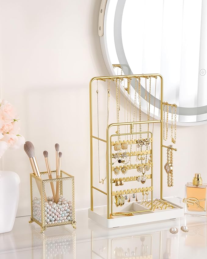 ProCase Jewelry Stand Holder Organizer, Jewelry Display Storage with Ring Tray, Rotating Earring Bracelet Necklace Holder, Valentine's Gifts Room Dorm Decor for Teen Girls -Gold (No-Assembly) - Image 2