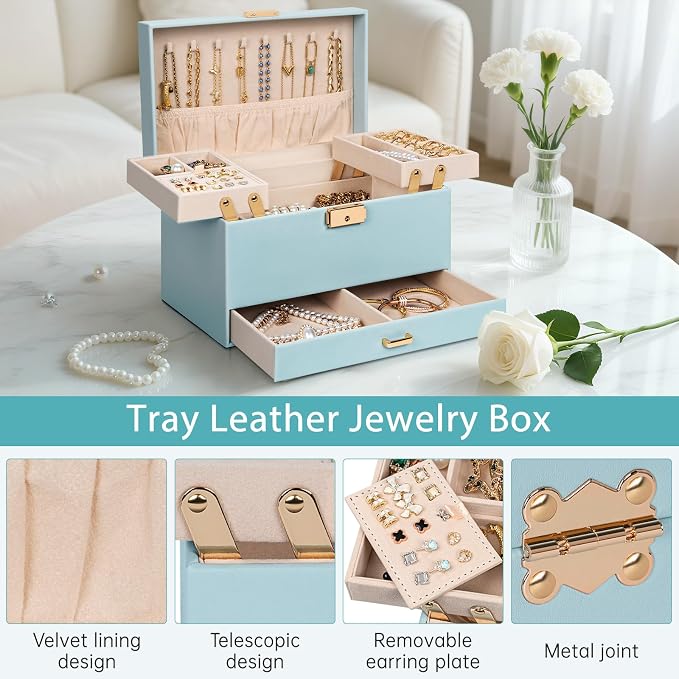 AKOZLIN Travel Jewelry Box Organizer Functional 2-trays Leather Jewelry Storage Case with Lockable Portable Drawer for Women Girls Ring Necklace Earring Bracelet - Image 3