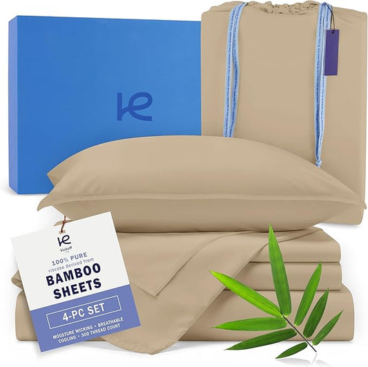 Kickoff Viscose Bamboo Sheets Queen Size 4-pc 100% Organic Bamboo Viscose Bed Cooling Sheets Queen Size Set Cool Bedding for hot Sleepers Sheet, Flat, Fitted, Pillowcases (Sand, Q)