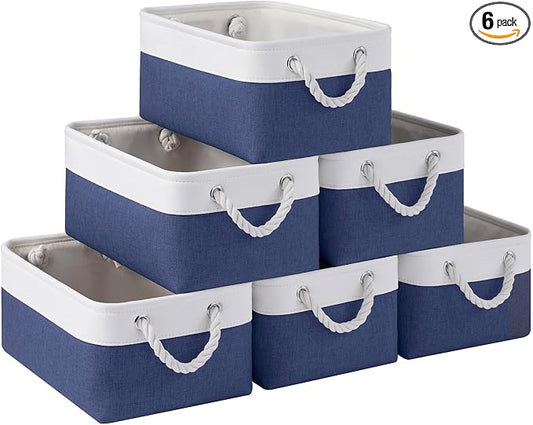 Storage Baskets for Shelves 13.8x9.8x6.7 Inch, Foldable Fabric Storage Bins with Handles, Small Storage Baskets for Organizing Closet, Office, Home Organization (6-Pack, White&Blue) by VQRTEXAStorageBasket