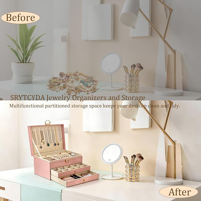 SRTCYDA Jewelry Box for Women, Large PU Leather jewelry organizers and storage, 3-Layer Jewelry Storage with 2 Drawers, Space-Saving Design for Vanity, Holds All Types of Jewelry (Pink) - Image 4