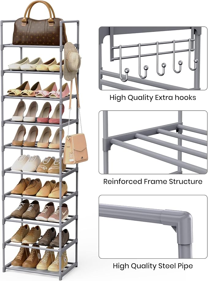 10 Tiers Tall Shoe Rack Narrow 20-24 Pairs Shoe Rack for Closet Entryway Vertical Metal Shoe Rack Organizer Shoe and Boots Organizer Storage Sturdy Shoe Shelf Shoe Stand Gray - Image 6