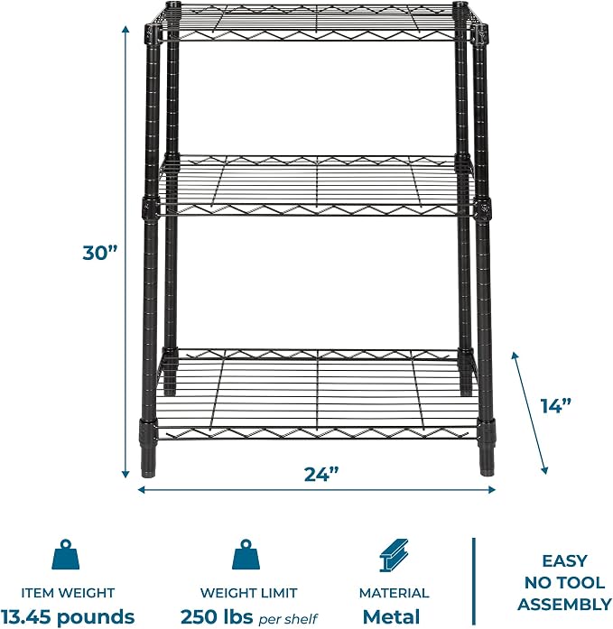 Honey-Can-Do 3-Tier Heavy Duty Adjustable Shelving Unit, 250-lb Per Shelf Metal Storage Rack, NSF Certified Wire Shelf for Kitchen Garage Pantry, Black, 24 x 14 x 30 in - Image 3