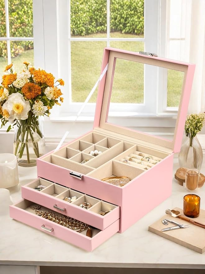 BOOVO Clear Lid Jewelry Box,3 Layers Jewelry Organizer Large Multi-Functional Jewelry Storage Box with 2 Drawers,Jewelry Display Case of Rings Earrings Necklace Bracelets for Women Girls (Pink) - Image 7