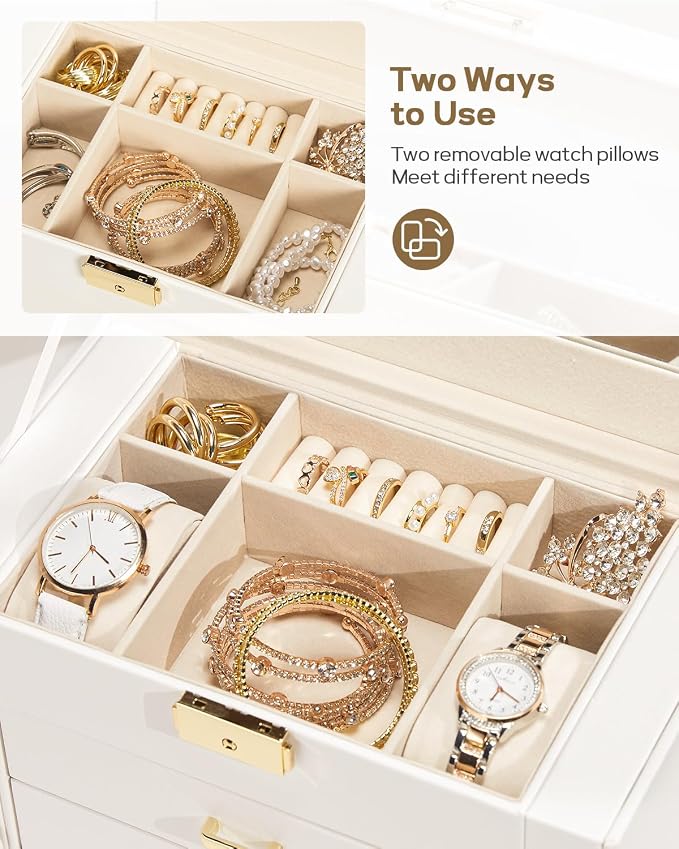 Homde Synthetic Leather Huge Jewelry Box Mirrored Watch Organizer Necklace Ring Earring Storage Lockable Gift Case (White + Gold) - Image 4