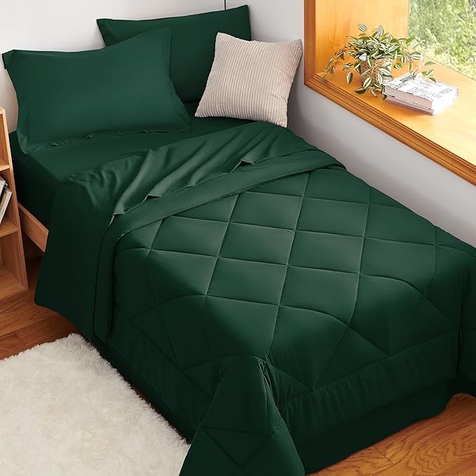 CozyLux Twin Comforter Set with Sheets Emerald Green - 5 Pieces Bed in a Bag Twin, All Season Bed Set for Girls and Boys, Bedding Set with Down Alternative Comforter, Sheets, Pillowcase & Sham
